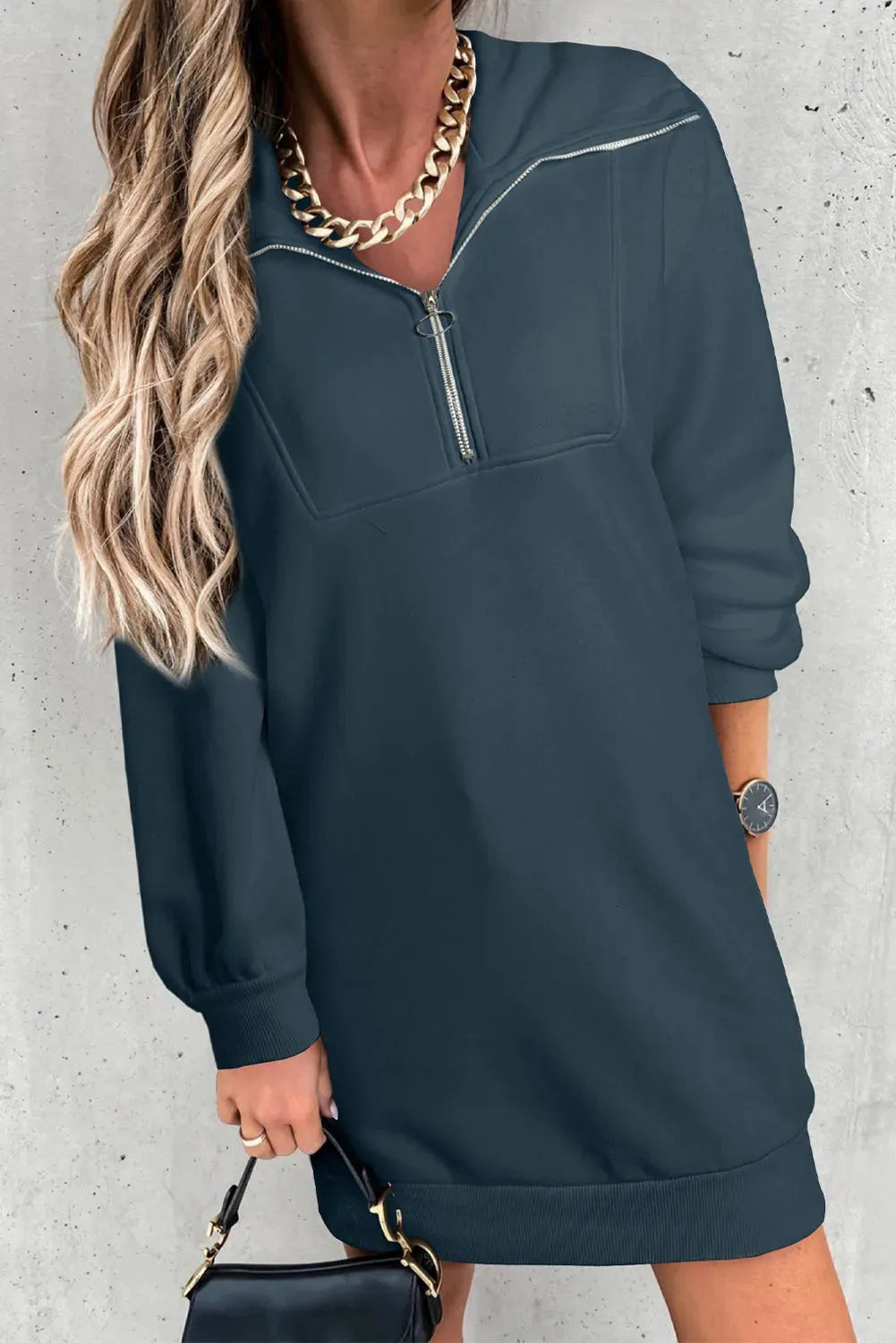 Half Zip Dropped Shoulder Mini Sweatshirt Dress Casual Dresses - Tophatter Daily Deals